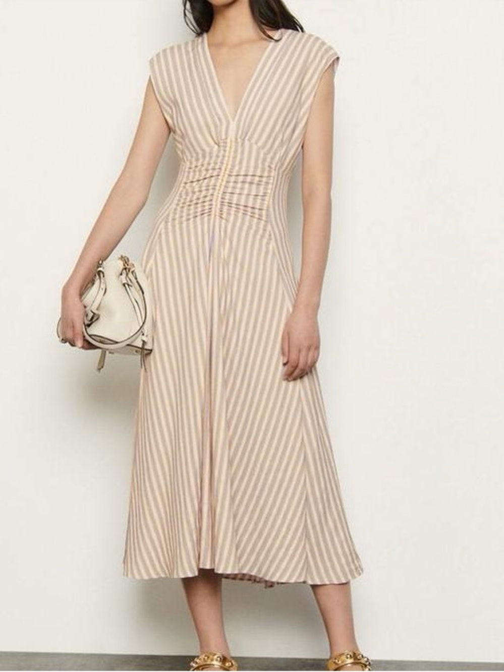 Sandro Anym Sleeveless Stripe Ruched Midi Dress Pale Pink